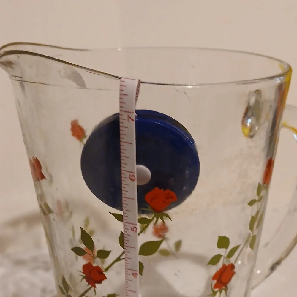 Vintage Mcm Glass Pitcher with Red Floral Design Barware Anchor Hocking